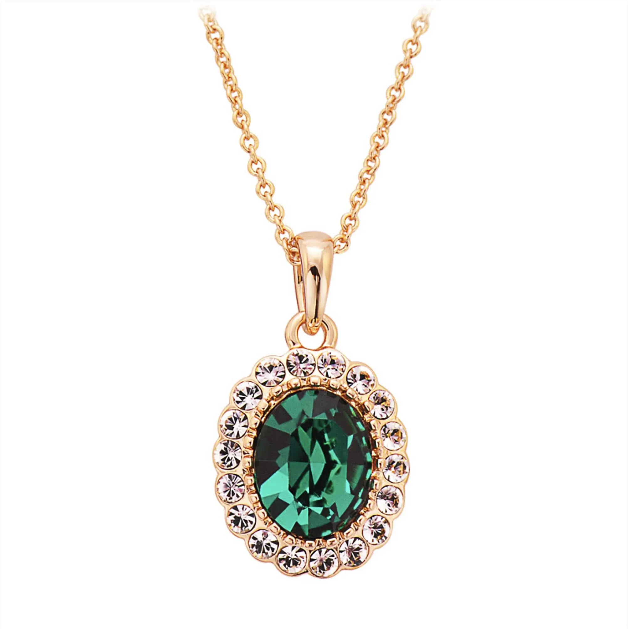 Gold Plated Oval Shaped Emerald Green Swarovski Elements Crystal CZ Pendant Necklace Fashion Jewelry for Women & Girls