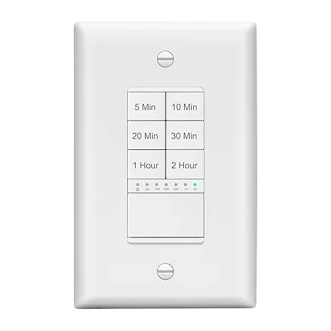 LIDER 2-Hour Countdown Timer Switch with Wall Plate, 5-10-20-30 Min, 1-2 Hour, for Lighting or Fans, LED Indicator, 1200W, Neutral Wire Required, Residential/Commercial Grade, LTS-2H-WWP, White