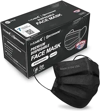 FriCARE Made in USA, 4-ply Black Disposable Face Mask ECOGUARD, ASTM Level 3 Performance Proven in Third Party Independent Labs Studies Pack of 50