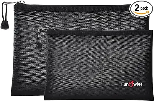 FunOwlet Fireproof Safe Money Document Bags - 2 Pack 13.4" x 9.8" and 10.6" x 6.7" Waterproof Zipper Bag, Fire & Water Resistant Storage Organizer