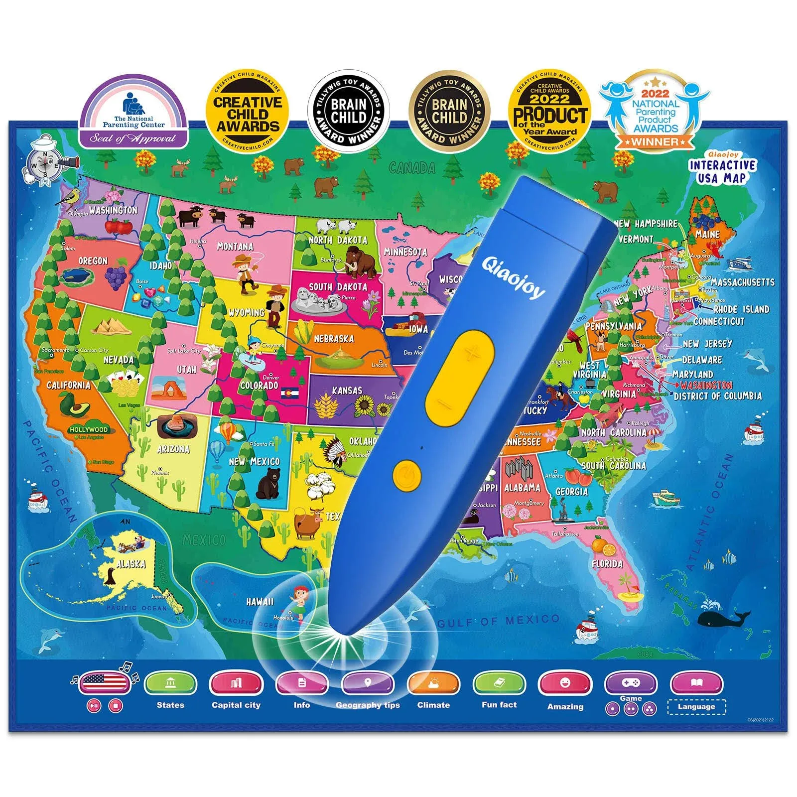 Qiaojoy Bilingual Interactive Map for Kids Talking USA Map for Kids Learning Geography Toys Games Ages 3 to 12 Educational Electronic USA Map