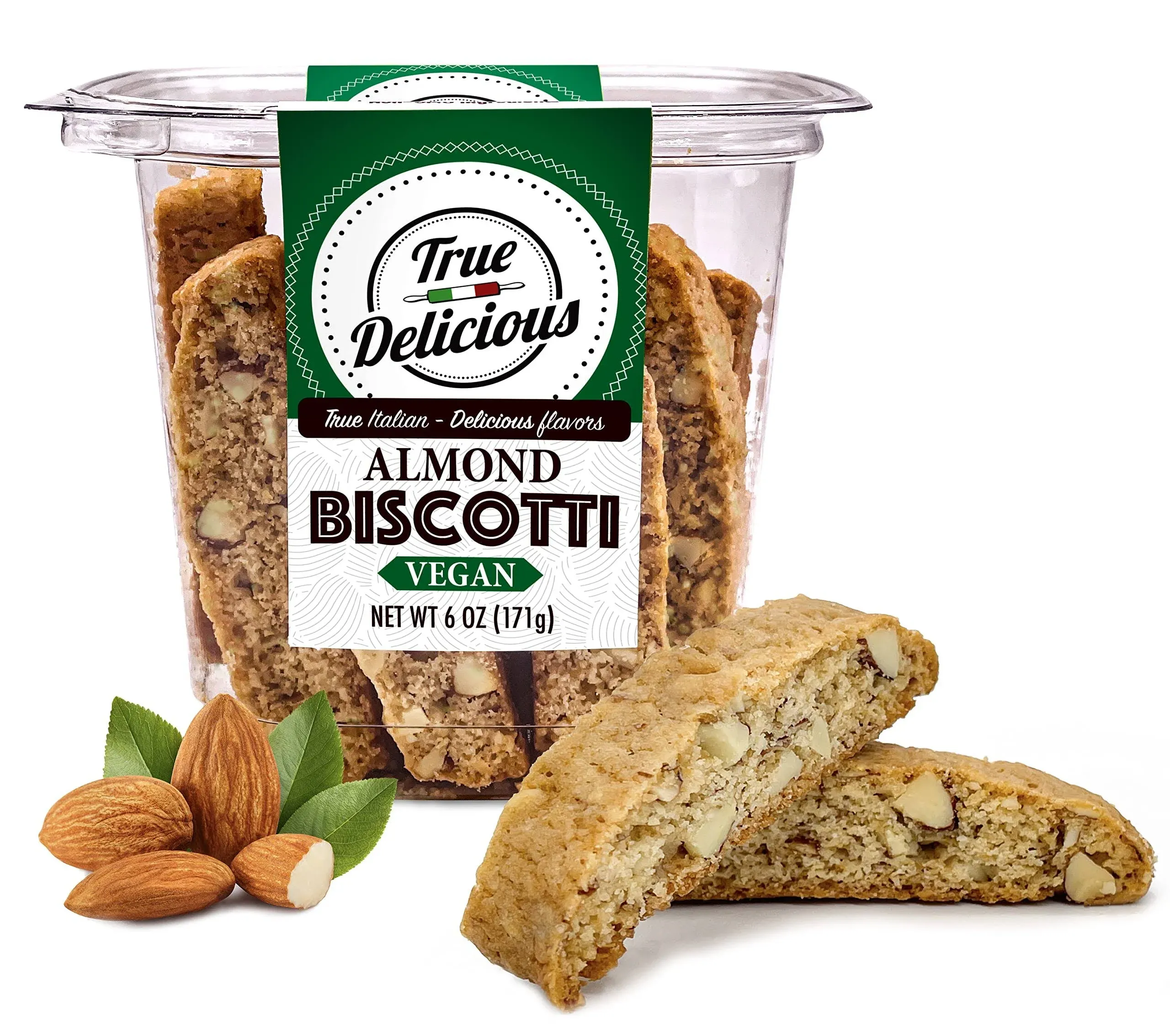 True Delicious Vegan Almond Biscotti, 100% Plant-Based Cookies, (4 Boxes of 6oz Each) Artisanal Dessert 6 Ounce (Pack of 4)