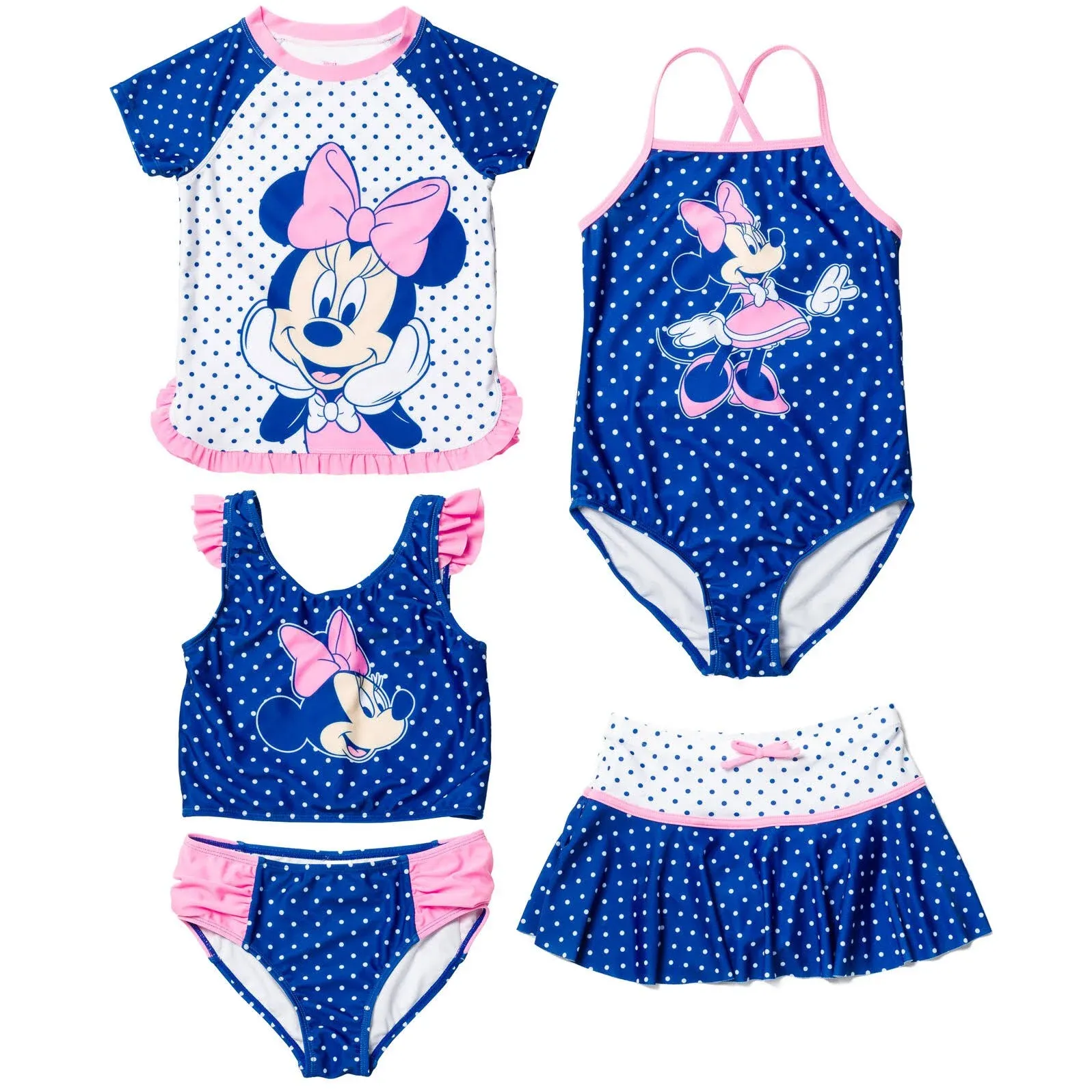 Disney Minnie Mouse Little Girls One Piece Bathing Suit Bikini Top Rash Guard Modest Swimsuit Skirt and Bottom 5 Set Blue 5-6