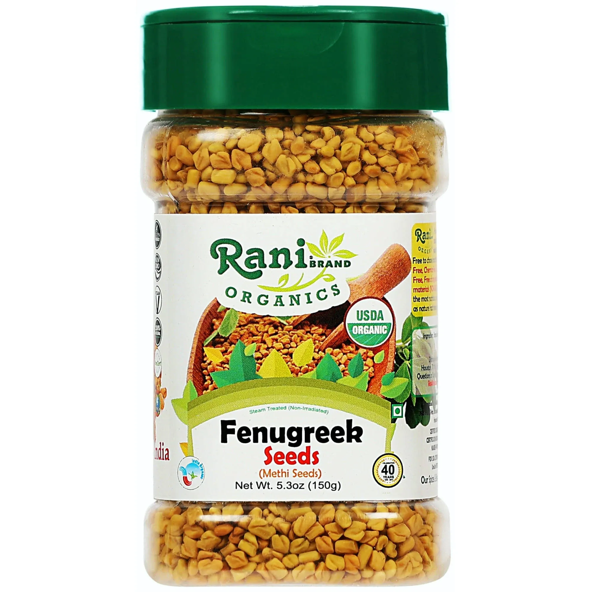 Rani Organic Fenugreek (Methi) Seeds Whole 5.29oz (150g) PET Jar, Trigonella Foenum Graecum ~ All Natural | Vegan | Gluten Friendly | NON-GMO | Indian Origin | USDA Certified Organic