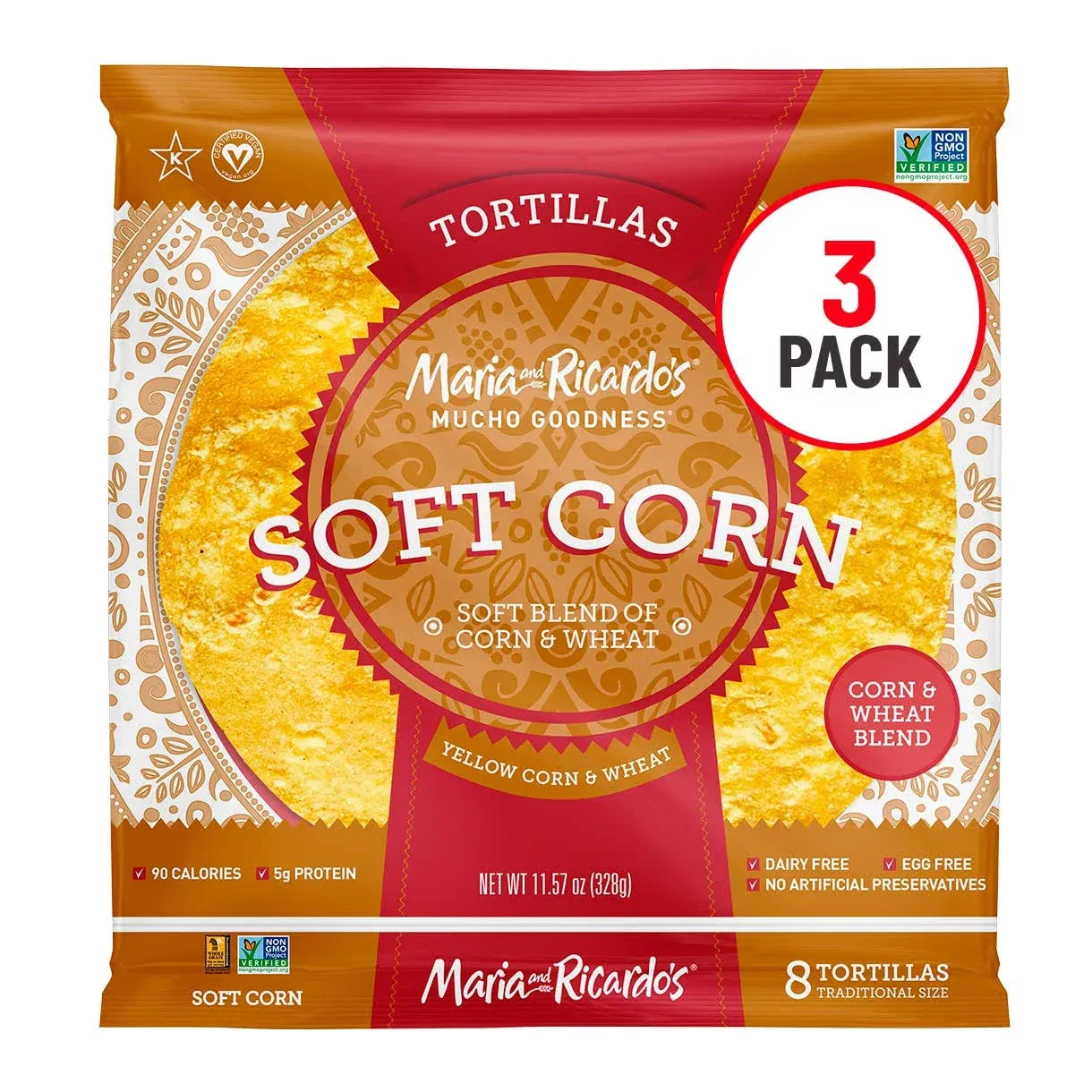 Maria & Ricardo's Soft Yellow Corn Tortillas. (3 Pack) Made from a blend of corn and wheat. Non GMO PV. Vegan. Kosher. 8 Tortillas per Pack