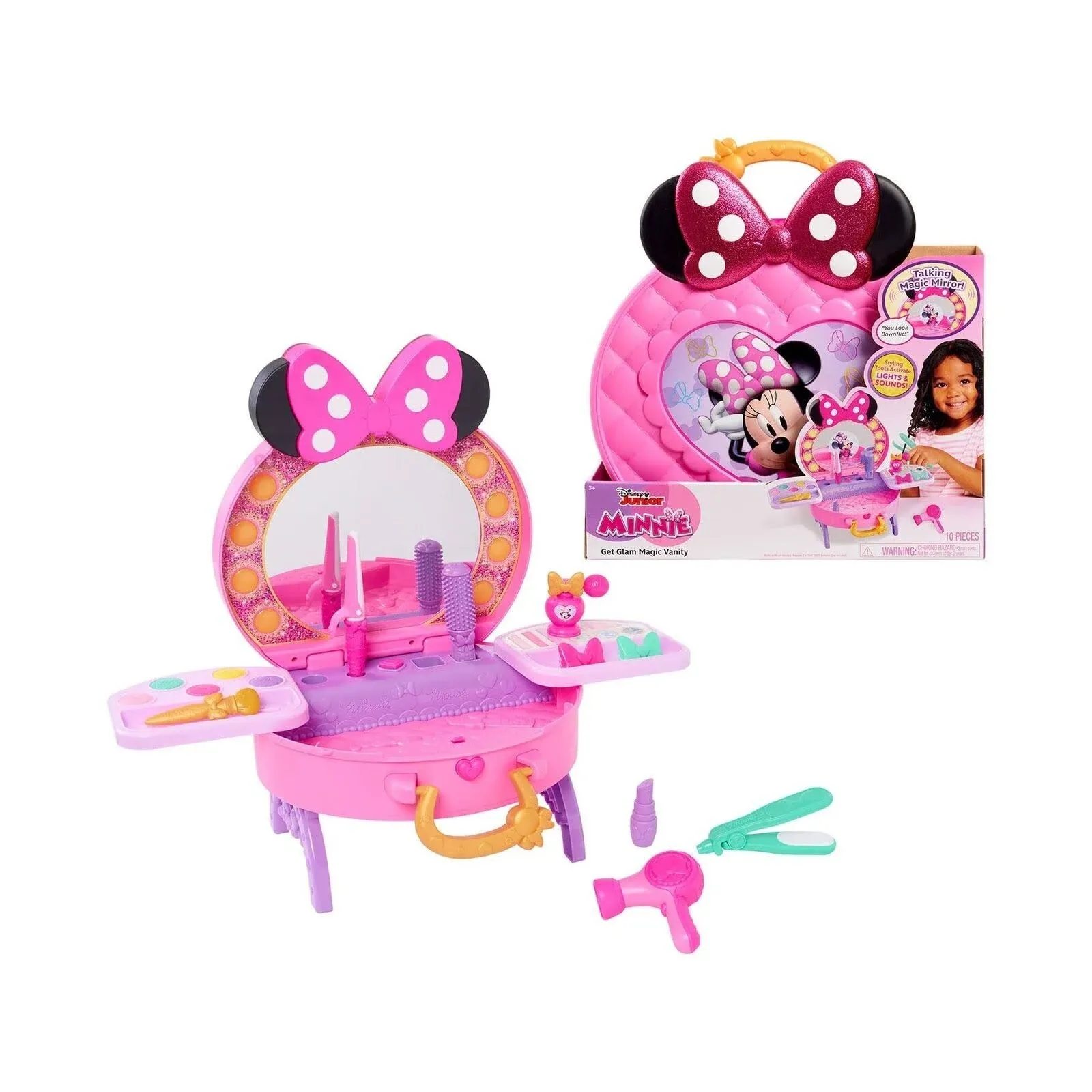 Disney Junior Minnie Mouse Get Glam Magic Table Top Pretend Play Vanity with Lights and Sounds, Officially Licensed Kids Toys for Ages 5 Up by Just Play