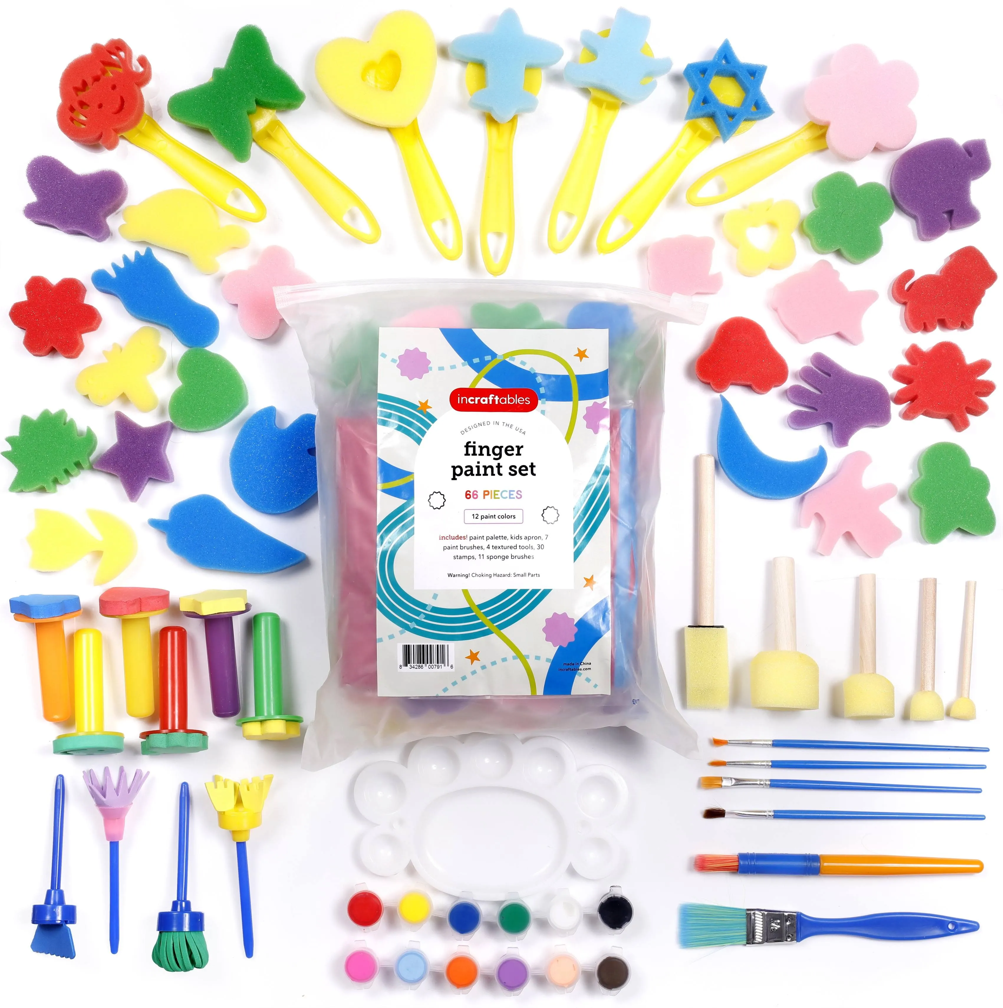 Incraftables Kid Paint Set Non Toxic Finger Paint w/ Apron, Palette, Brushes, Textured Tools, Stamps & Sponge Brushes. Washable Paint