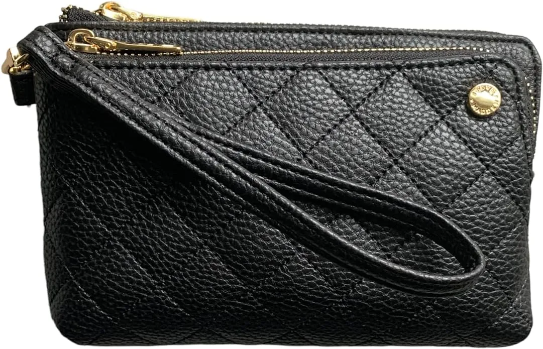 Steve Madden Black Faux Leather Quilted Diamond Pattern Double ZA Wristlet NWT