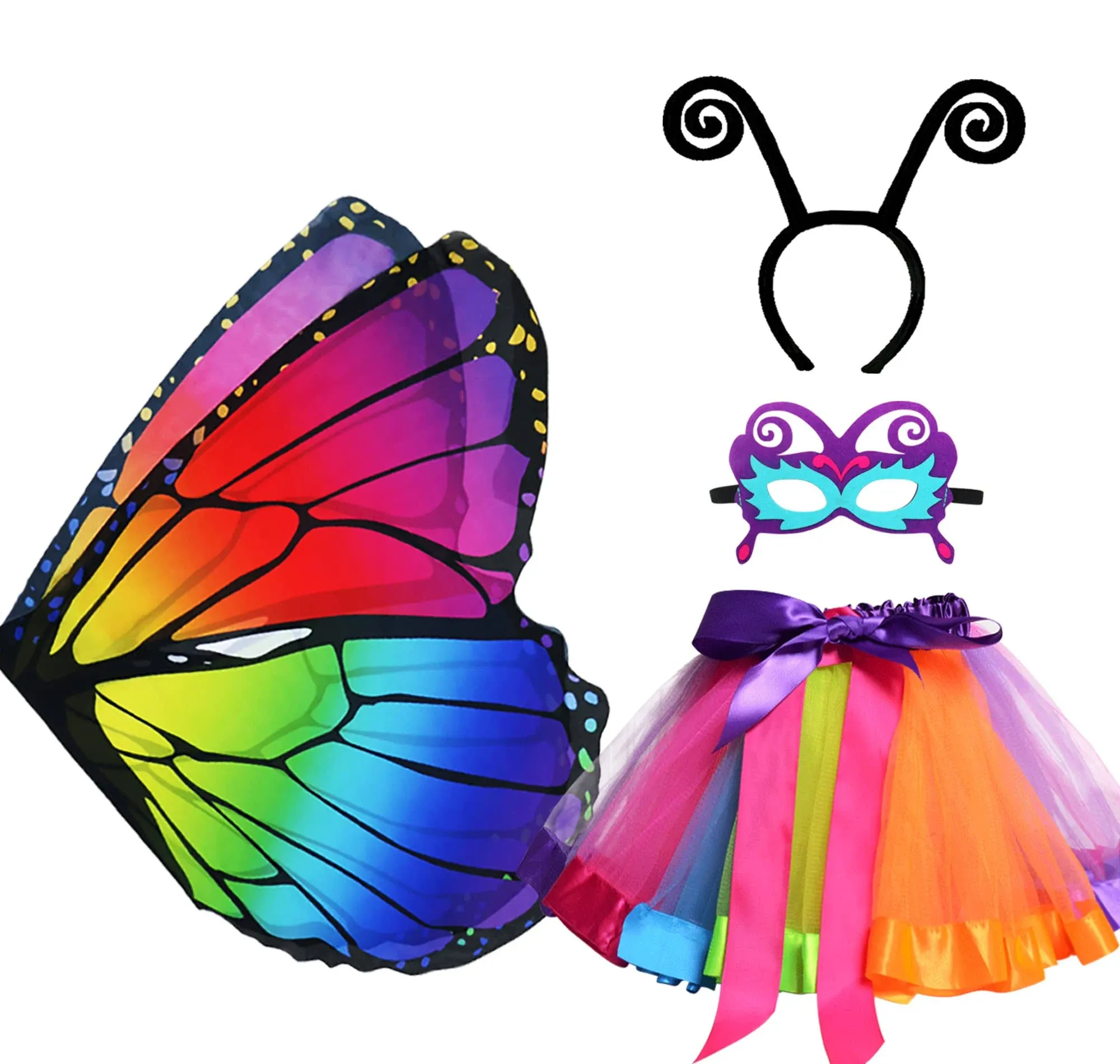 D.Q.Z Fairy Butterfly-Wings Costumes for Girls Dress Up Rainbow Tutu Mask Headband Role Play Toys Gift for 3+ Girl Birthday