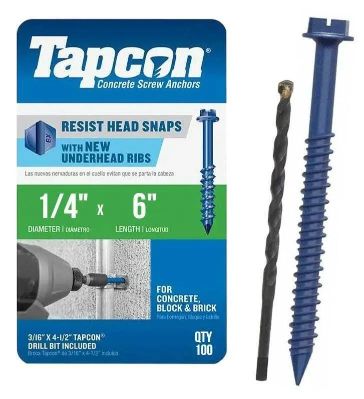 1/4" x 6" Tapcon Blue Concrete Screw, Hex Head, Pkg 100