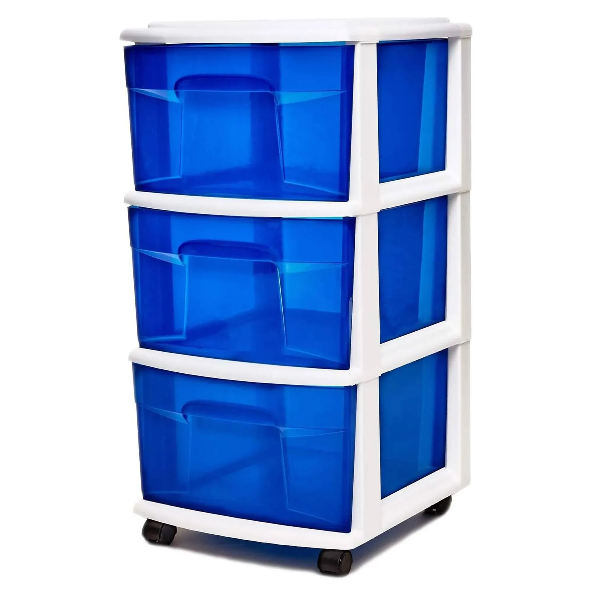 Homz Plastic 3 Drawer Medium Storage Container Tower, Blue Drawers/White Frame