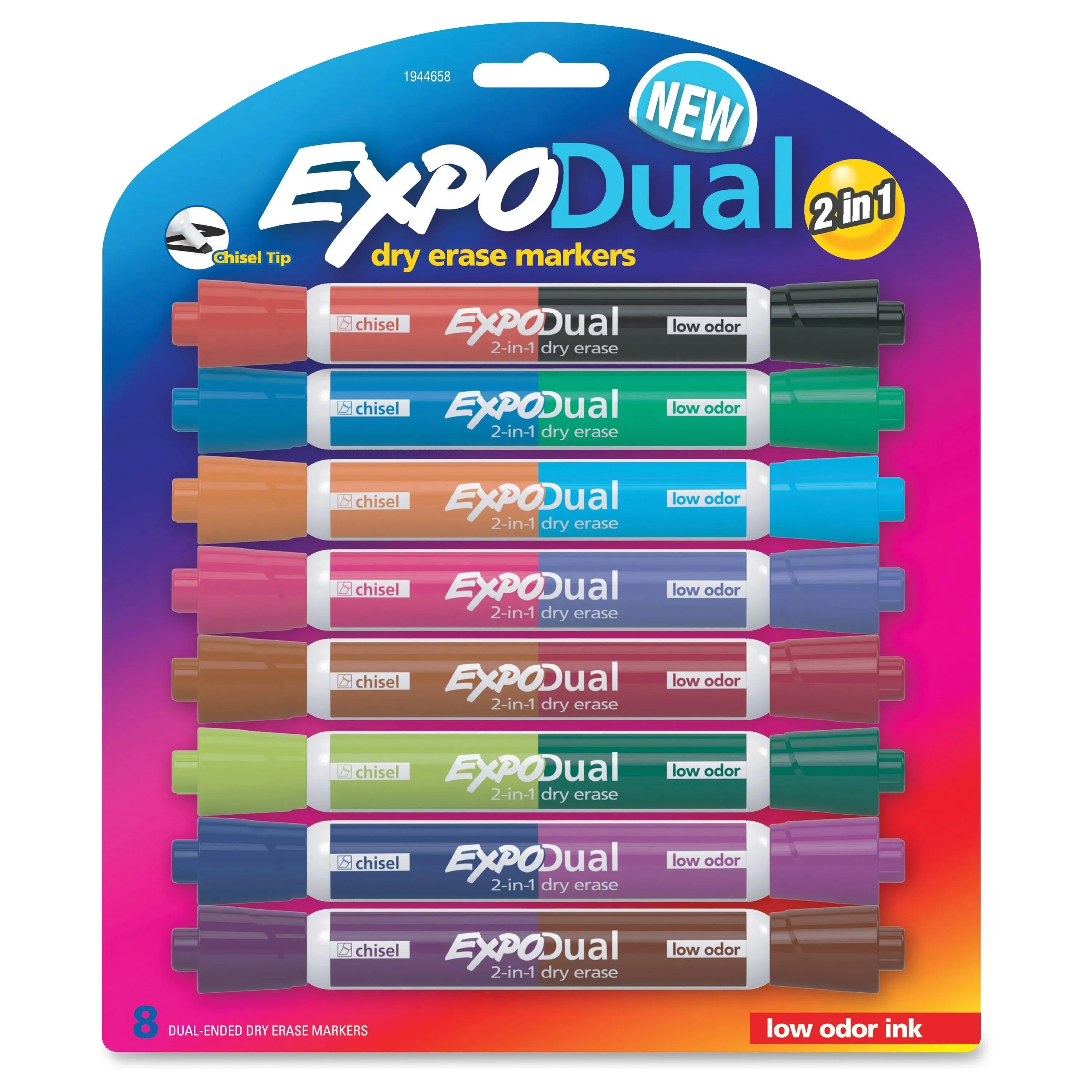 Expo Dual-Ended Chisel Tip Low Odor Dry Erase Markers, Assorted Colors, 8 Count