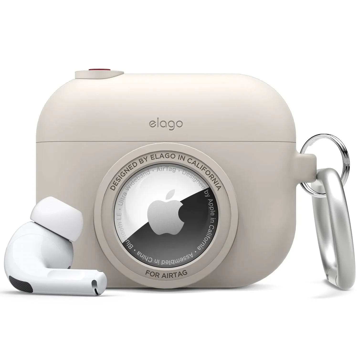 elago AirTag Compatible with AirPods Pro Instant Case, Classic Design Camera Case, Keychain Included [Tracking Device Not Included] (Stone)