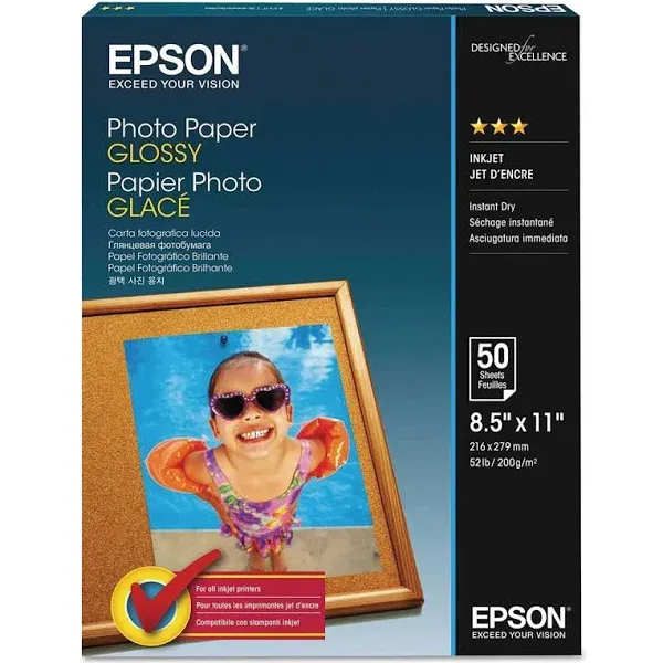 Epson Glossy Photo Paper, 8.5-inch x 11-inch, 100 Sheets/Pack (EPSS041271) in retail packaging