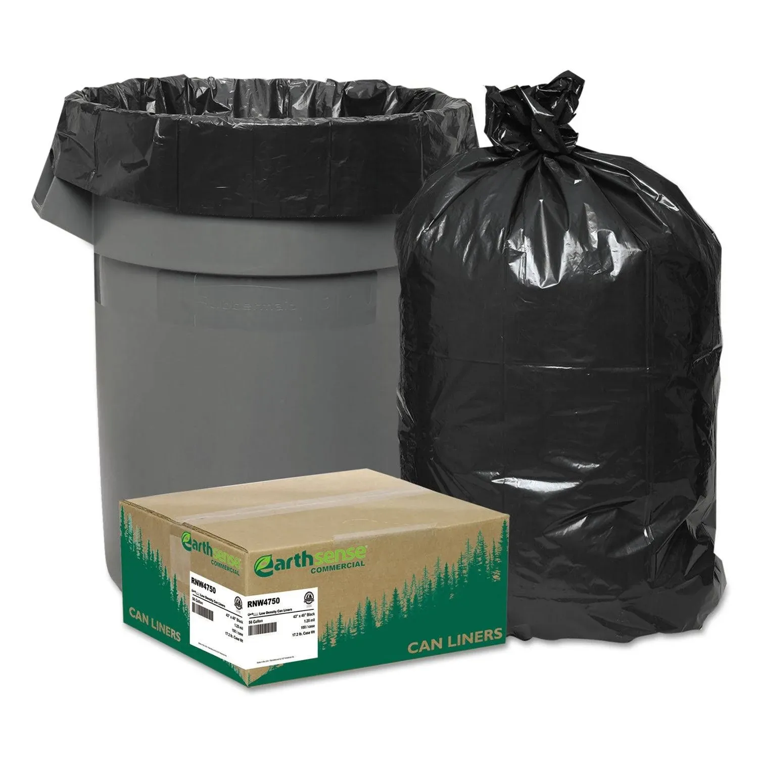 Recycled Can Liners, 56 gal, 1.25 mil, 43 x 48, Black, 100/Carton