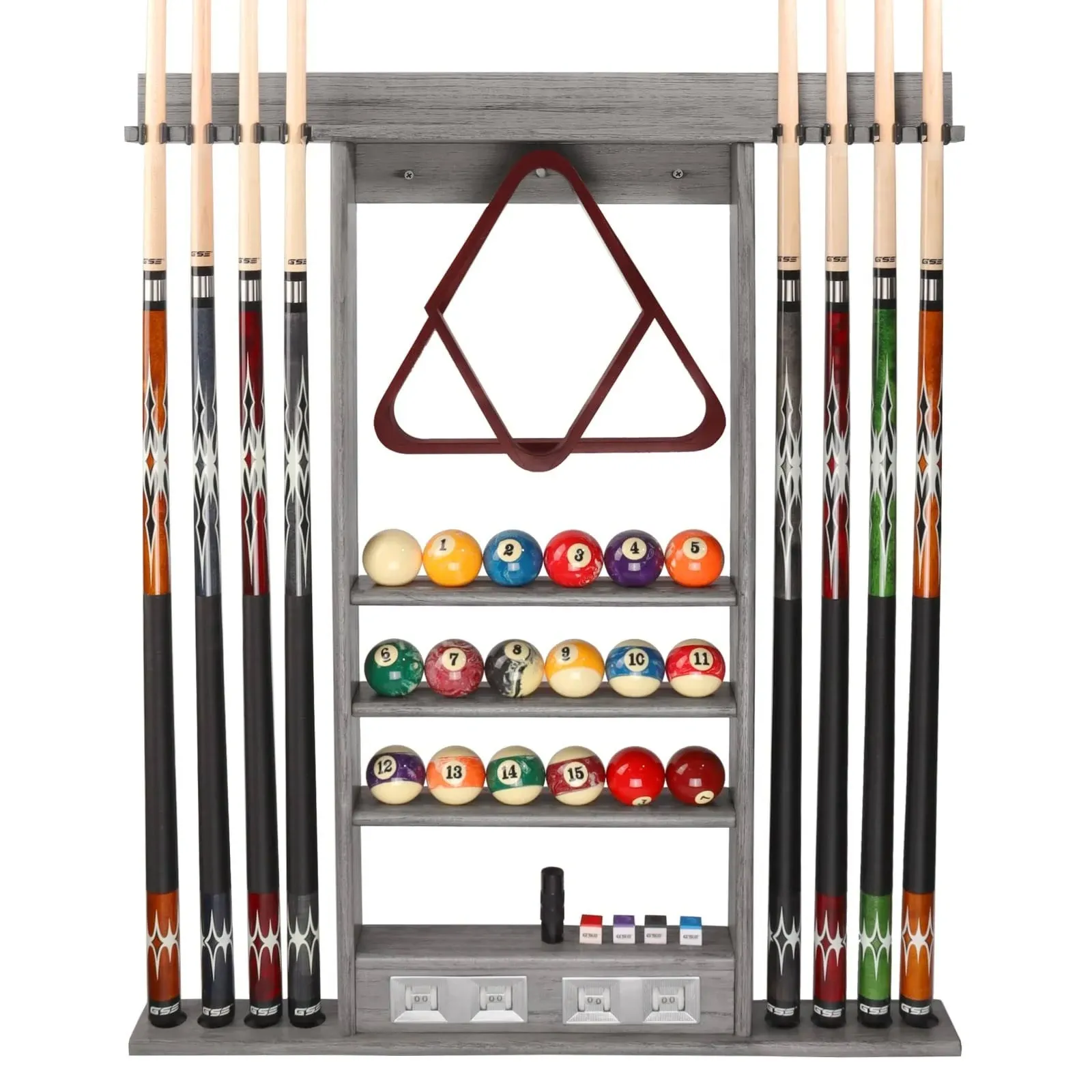 GSE Games & Sports Expert Pool Cue Stick Hanging Wall Mounting Rack with Score Counter,Hold 8 Pool Cue Stick ,Billiard Ball and Rack Brushed Grey