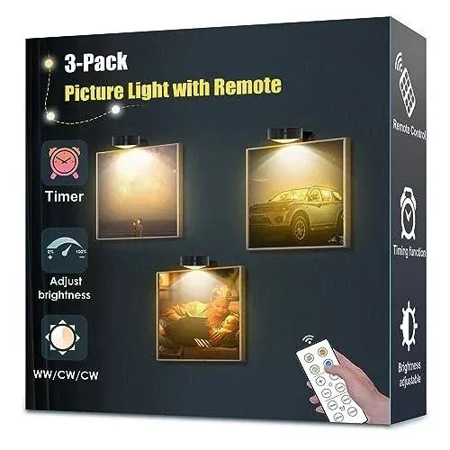 3-Pack Picture Light Battery Operated, Magnetic Led Lights with Remote, Dimmable and Timer Painting Light, Art Display Light for Picture Frame Artworking Portrait, Home Wall Decor Puck Lights, Gold