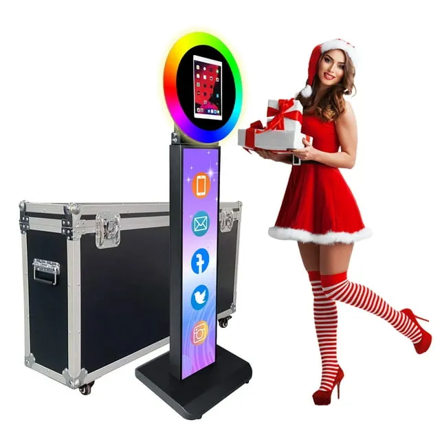 Portable Photo Booth Shell Stand Stand for IPad 10.2" Printer Stand Selfie Customized Logo Photobooth with Round RGB LED Light Ring and Flight Case for Events Christmas Wedding - Black