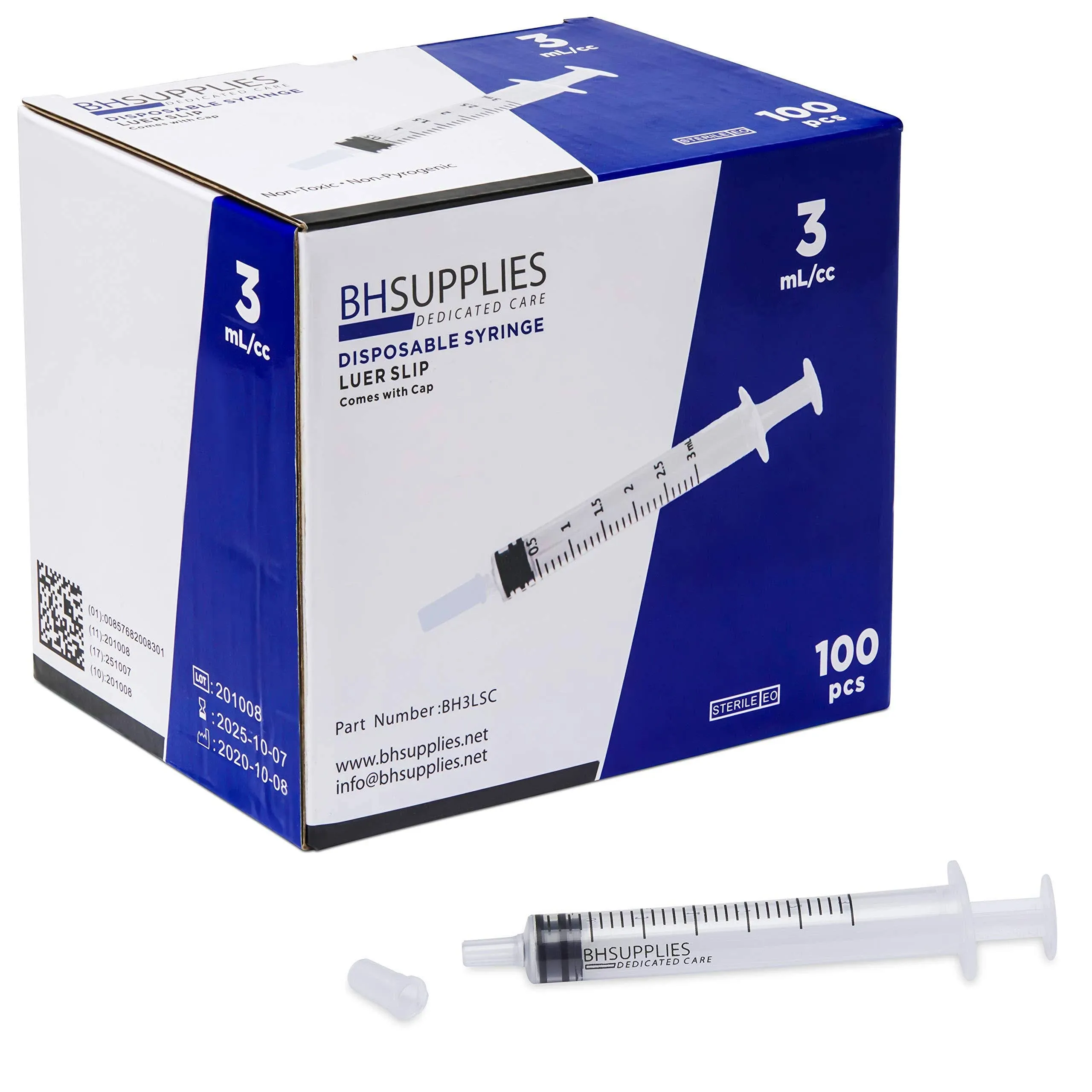 3ml Syringe Without Needle Luer Slip 100 Pack by BHSUPPLIES- Sterile