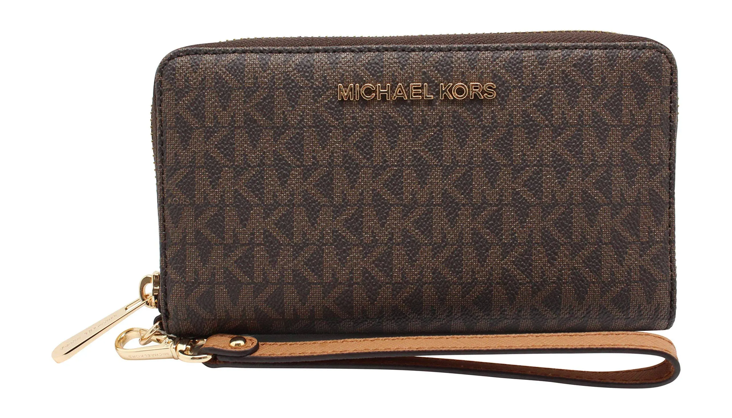 MICHAEL KORS Jet Set Travel Brown Acorn Flat MF Phone Case Zip Wallet Wristlet