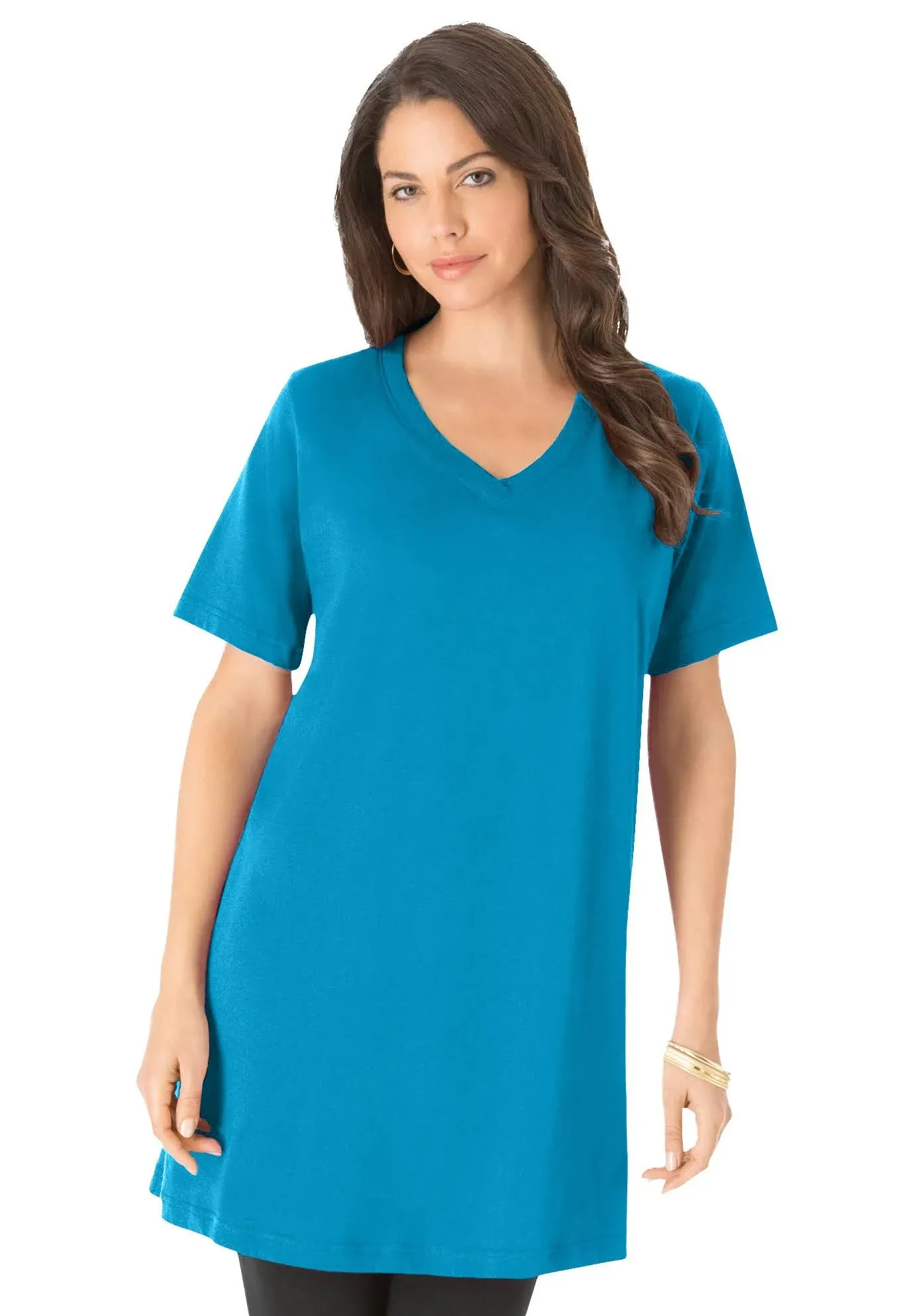 Roaman's Women's Plus Size Short-Sleeve V-Neck Ultimate Tunic, 1x - Vivid Blue