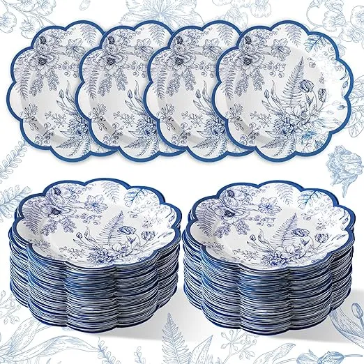 100 Pcs Blue Flower Paper Plates Disposable Serving Tray Blue and White Decorative Plates Blue Chinoiserie Vintage Flower Dessert Plates for Wedding Birthday Tea Party Bridal Shower (Classic)