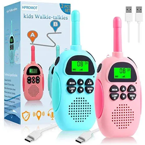 HPROMOT Walkie Talkie for Kids, 2 Pack Rechargeable Kids Walkie Talkie with Flashlight, Radio Toys Gifts for 3-12 Boy Girls Indoor Outdoor Adventures Camping Hiking