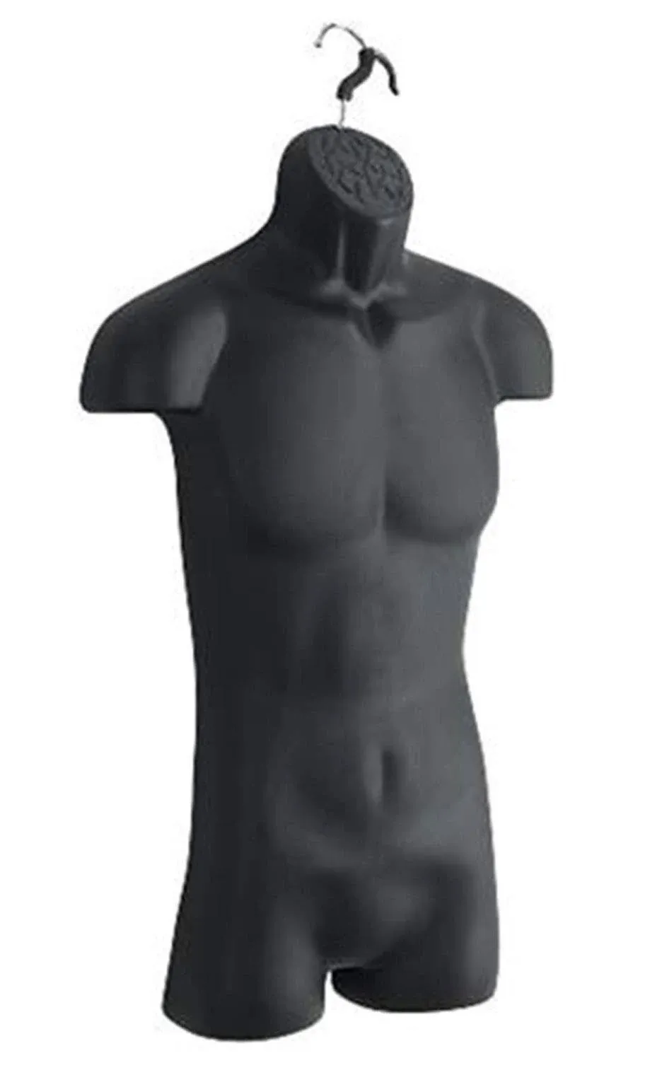 SSWBasics Male Molded Shatterproof Black Shapely Torso Form With Hook - Fits Men's Sizes S-L - Hanging Mannequin Torso Fashion Form to Display Top and Bottom Merchandise - Shirt Mannequin Display for