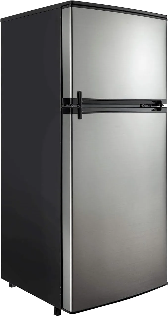 RecPro RV Refrigerator Stainless Steel | 12V | 2 Door Fridge | Frost Free Design | Reversible Doors | 4.4 Cubic Feet