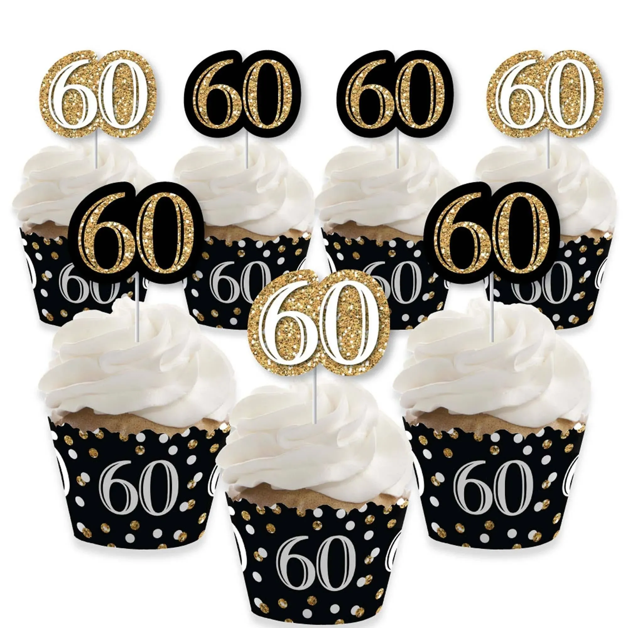 Big Dot of Happiness Adult 60th Birthday - Gold - Cupcake Decoration - Birthday Party Cupcake Wrappers and Treat Picks Kit - Set of 24