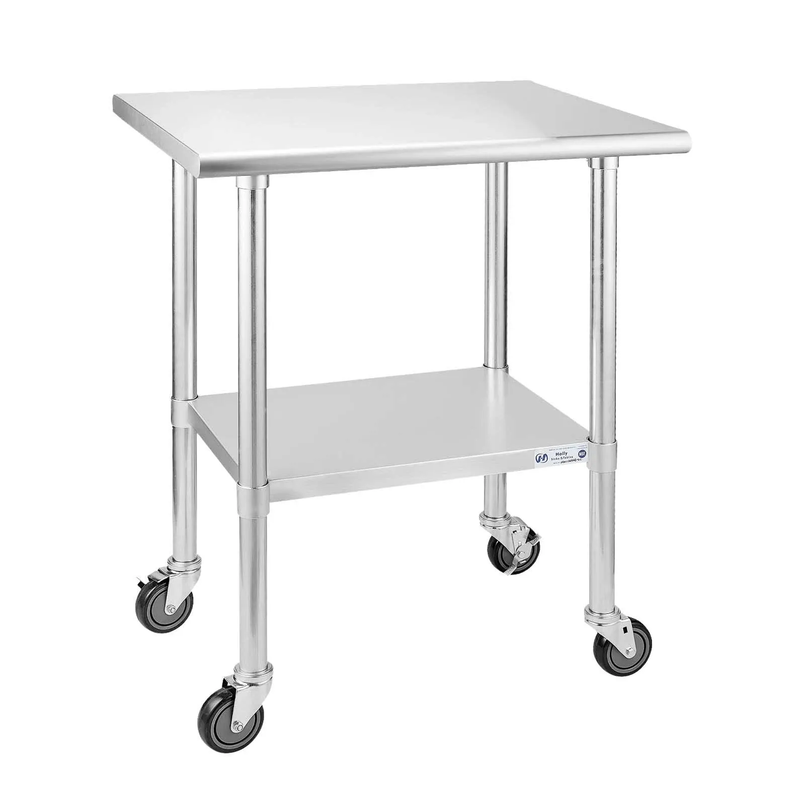 HALLY Stainless Steel Table for Prep & Work 24 x 30 Inches with Caster Wheels, NSF Commercial Heavy Duty Table with Undershelf and Galvanized Legs for Restaurant, Home and Hotel