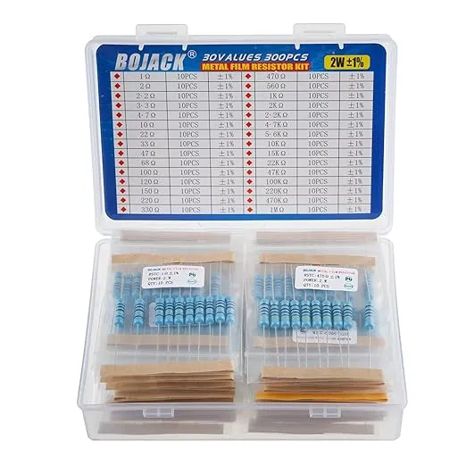 BOJACK 300 Pcs 30 Values Resistor Kit 1 Ohm - 1M Ohm with 1% 2W Metal Film Resistors Assortment