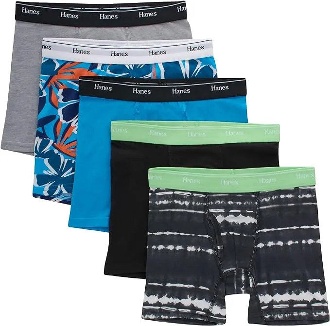 Hanes Boys' Boxer Briefs, Moisture-wicking Cotton Stretch Underwear, Assorted 5-pack