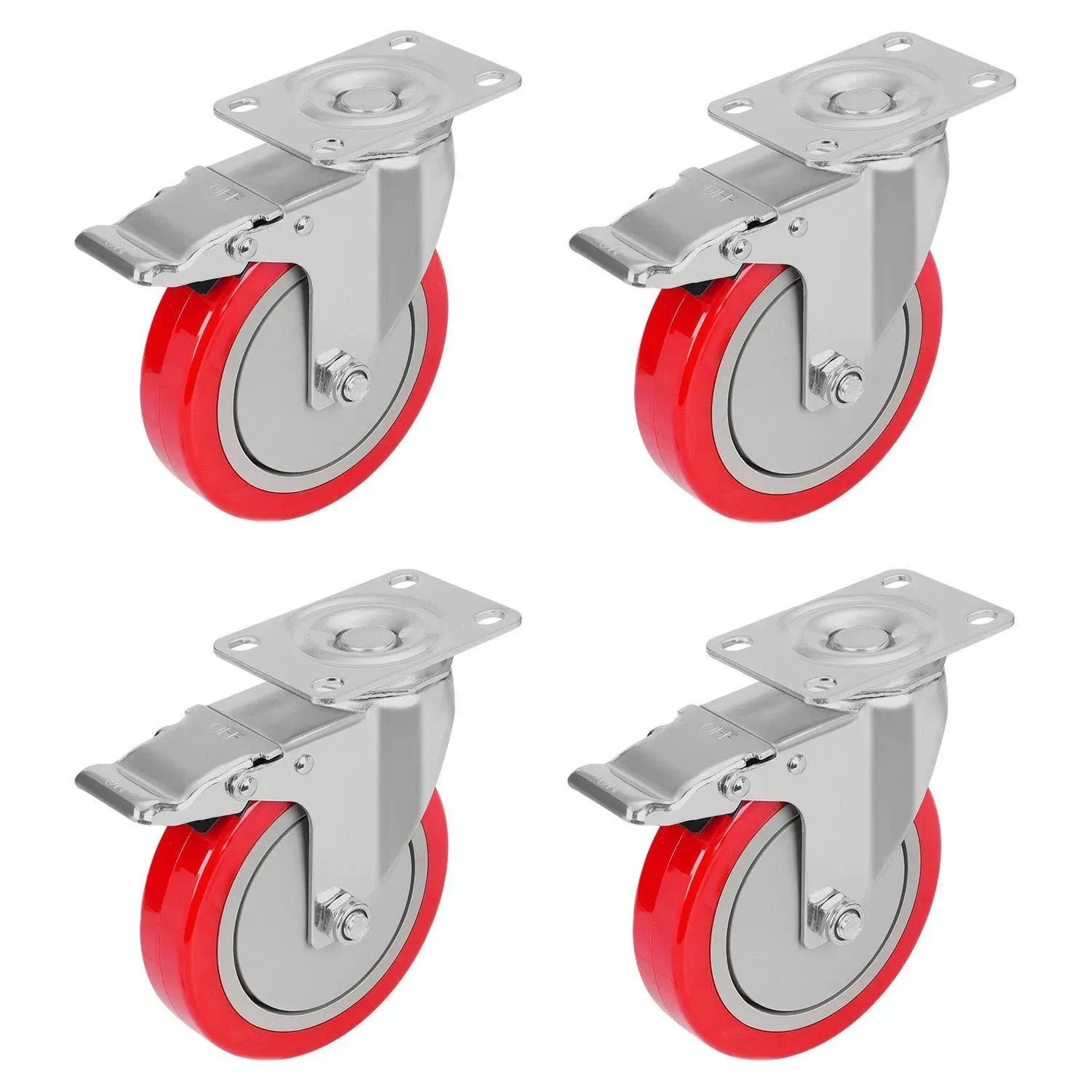 5 inch Plate Caster Wheels with Safety Dual Locking Set of 4 No Noise Heavy Duty Swivel Casters All with Brake Total Bearing 1400lbs