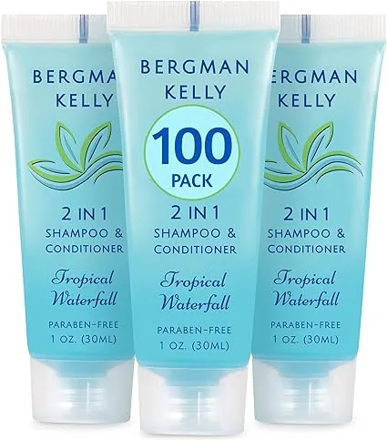 Bergman Kelly Travel Size Shampoo & Conditioner 2 in 1 (1 Fl Oz, 100 PK, Tropical Waterfall), Delight Your Guests with Invigorating and Refreshing Shampoo Amenities, Small Hotel Toiletries in Bulk