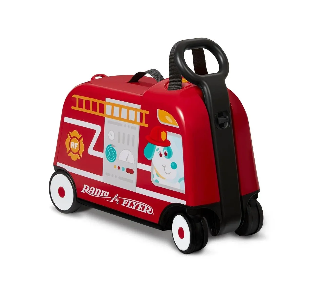 Radio Flyer 3-in-1 Happy Trav'ler Fire Truck with Lights & Sounds Ride on Toy, Toddler Carry-On Storage, Ages 2-5 Years