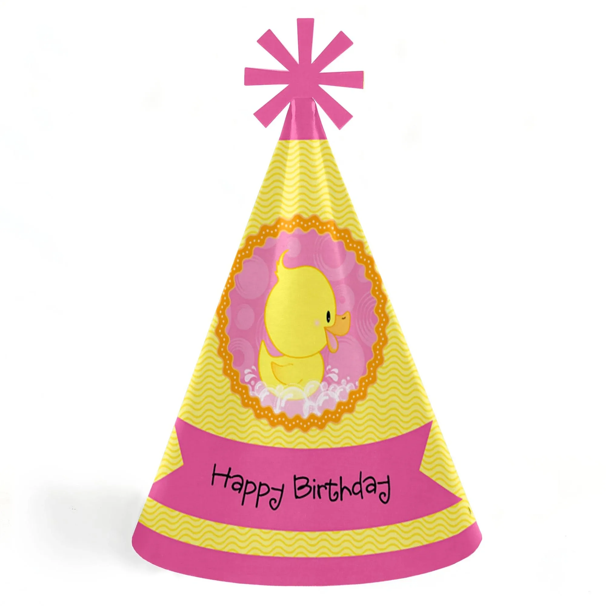 Big Dot of Happiness Pink Ducky Duck - Cone Happy Birthday Party Hats for Kids and Adults - Set of 8 (Standard Size)