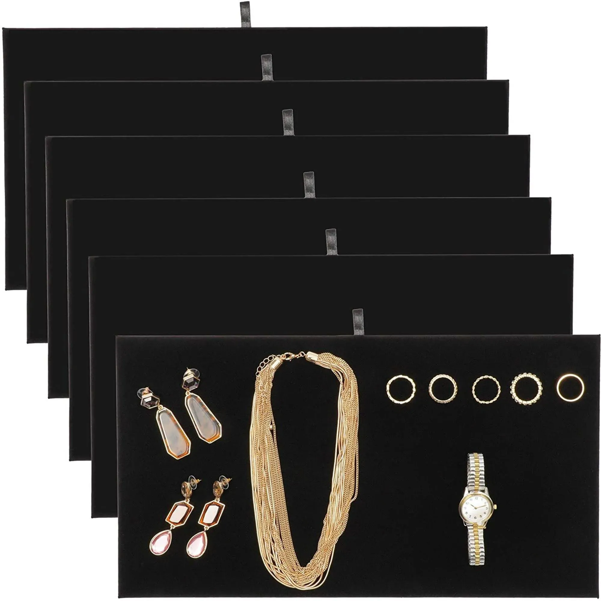 Juvale 6 Pack Velvet Jewelry Display Tray for Selling and Displaying Necklaces, Earrings, Jewels, Bracelets, Anklets, Rings, Gemstones, Chains, Brooches (Black, 14 in)