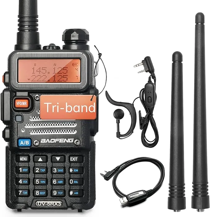 Baofeng x Radioddity UV-5RX3 Tri-band Radio VHF, 1.25M, UHF Amateur Handheld Ham Two Way Radio Walkie Talkie with Earpiece and Programming Cable