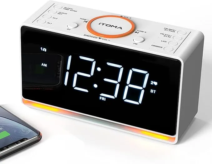 iTOMA Alarm Clock Radio, 1.4" White LED Display Clock with Bluetooth, FM Radio, Dual Alarm, Sleep Timer, Snooze, Auto & Manual Dimmer, USB Charger