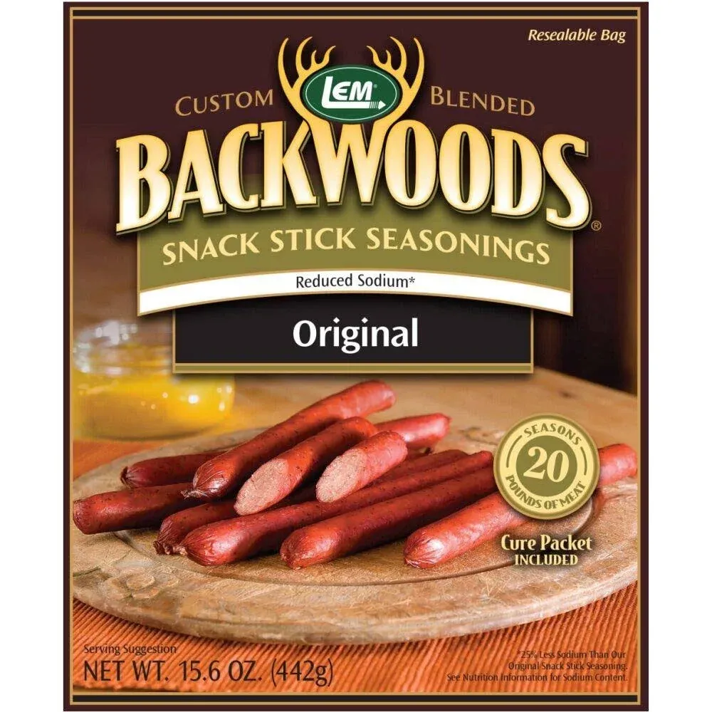 LEM Products Backwoods Reduced Sodium Original Snack Stick Seasoning, Ideal for Wild Game and Domestic Meat, Seasons Up to 20 Pounds of Meat, 15.6 Ounce Packet with Pre-Measured Cure Packet Included