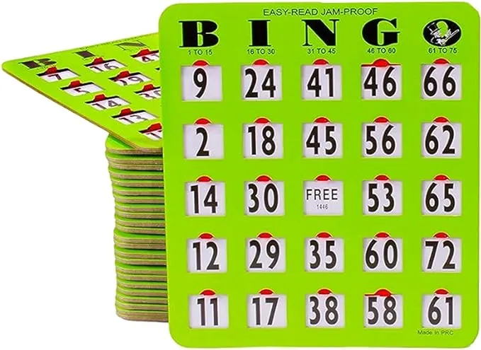 MR CHIPS Jam-Proof Easy-Read Large Print Fingertip Bingo Cards with Sliding Windows 25 Pack in Green Style