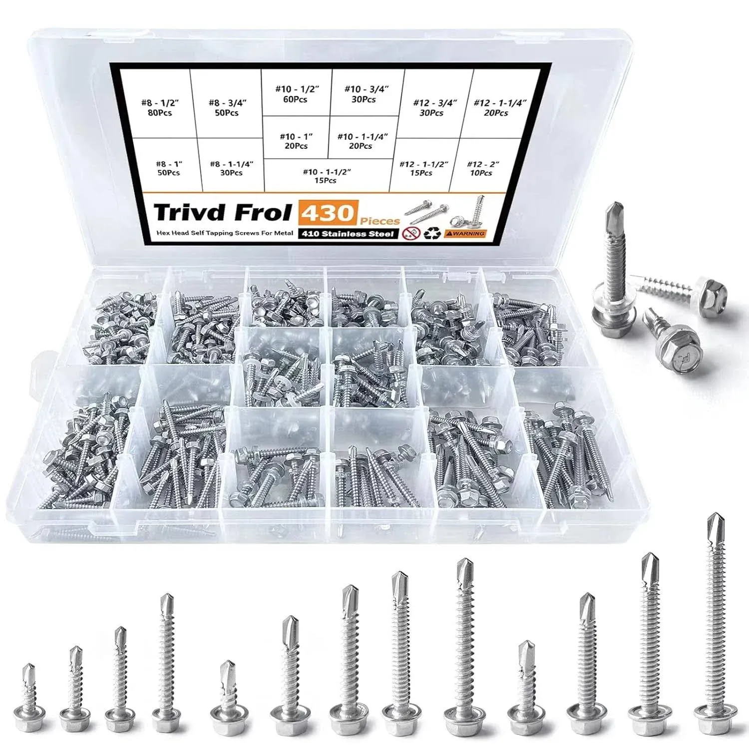 410 Stainless Steel Self Tapping TEK Screws Assortment,430 pcs #8#10#12 Hex Head Self Drilling Screws for Metal, Length 1/2" to 2"