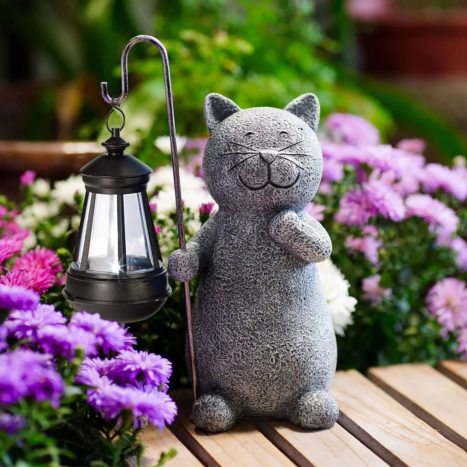 Qeeman Solar Garden Statue Cat Figurine- Garden Art with Solar Lantern, Lovin...