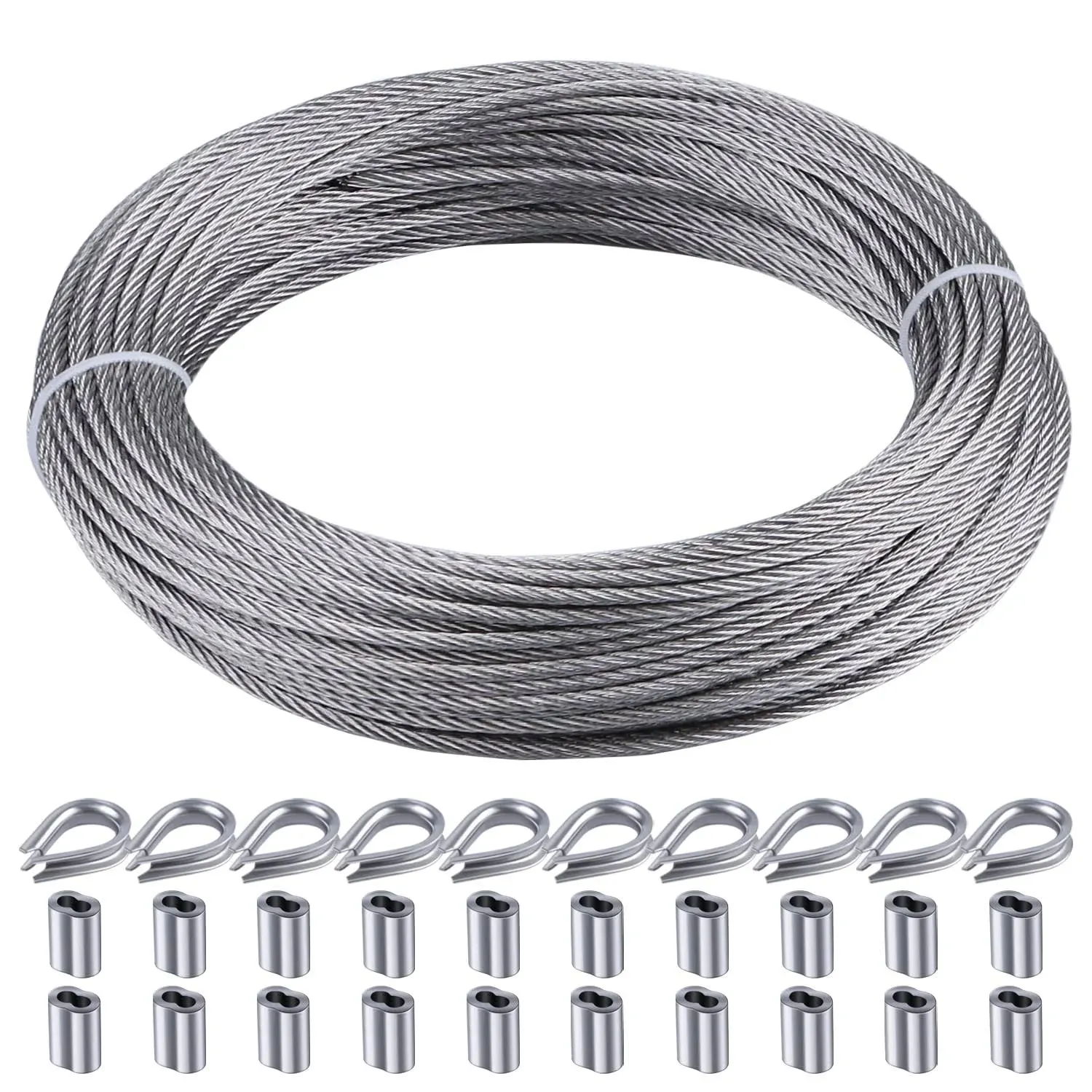 1/8" wire cable, 100ft Wire Rope Metal Cable With Loop Sleeve And Steel Thimble, 7x7 marine stainless steel Strand Core Perfect For Deck Railing System, Outdoor hanging kit, garden fence (SR03)