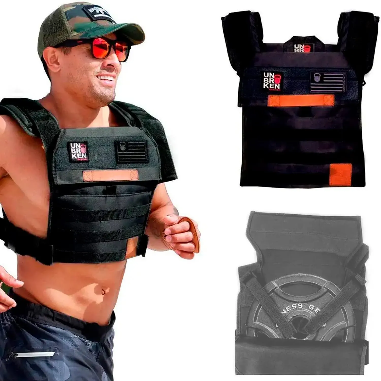 Unbrokenshop.com Adjustable Weighted Vest, WOD Cross Fitness, Weight Plates Carrier for Strength and Endurance Training and Running. For Men or for Women, 2 Patches Included [Black]