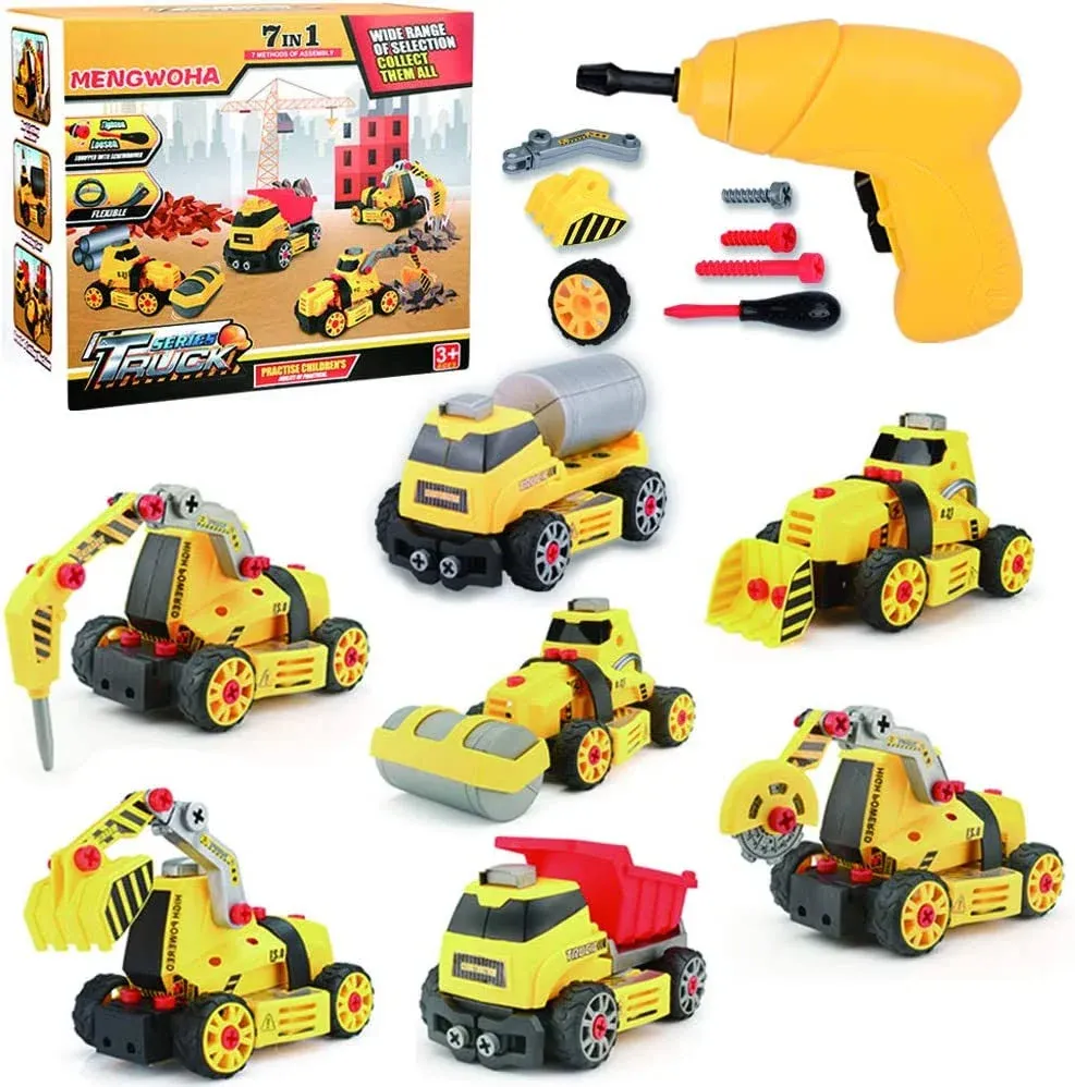 Toys for 3 4 5 6 7 8 Year Old Boy | 7 in 1 DIY Take Apart Truck Car Toys with Electric Drill | Gift for Girls and Boys Toys Age 4-6 Construction Engineering STEM Learning Building Play Set for Kids