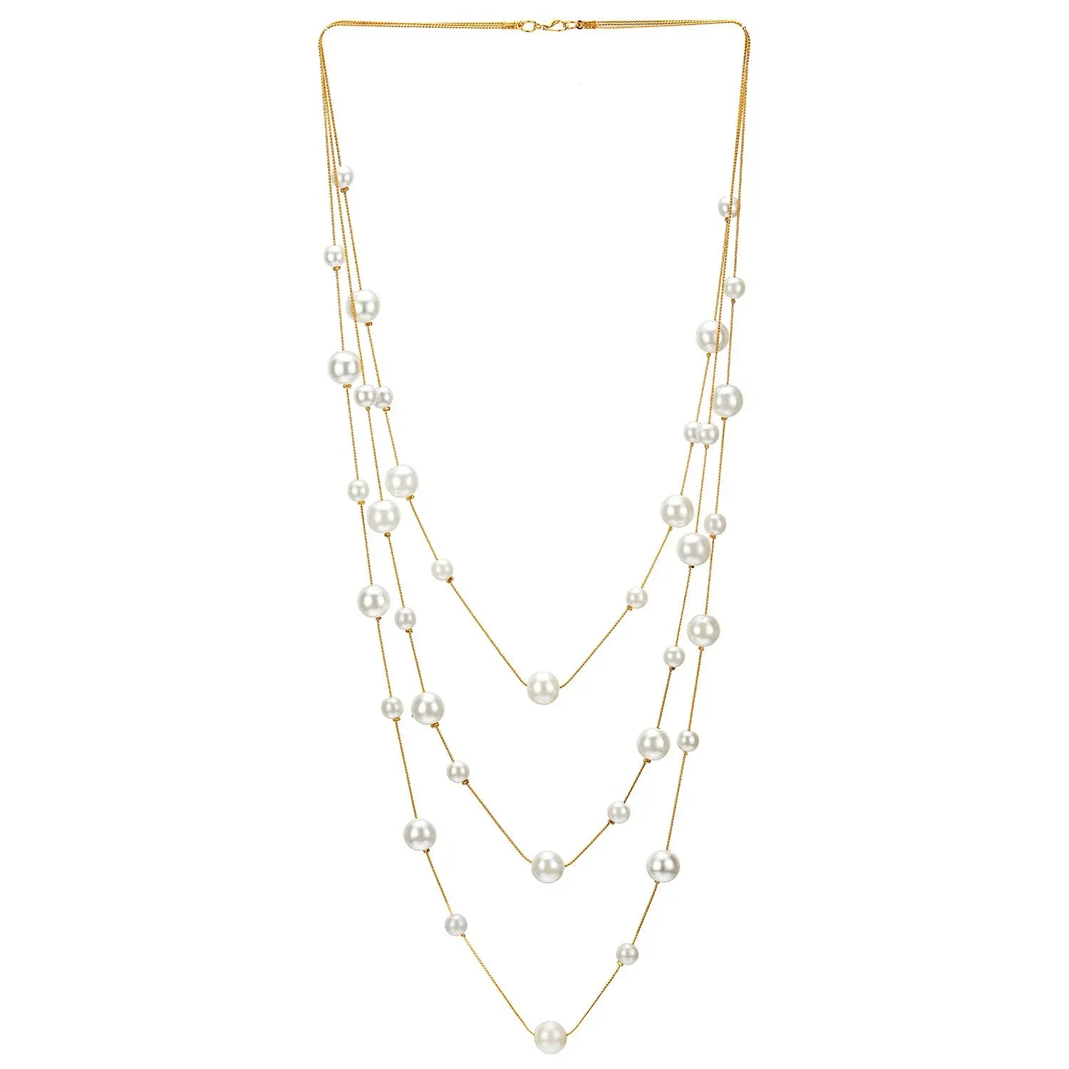 Statement Necklace Three-Strand Long Chains with Synthetic Pearl Beads, Elegant, Dress