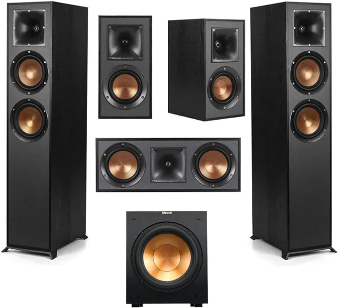 Klipsch Reference 5.1 Home Theater Pack with 2X R-620F Floorstanding Speaker, R-12SW Subwoofer, R-52C Center Channel Speaker and 2X R-41M Bookshelf Speaker, Black