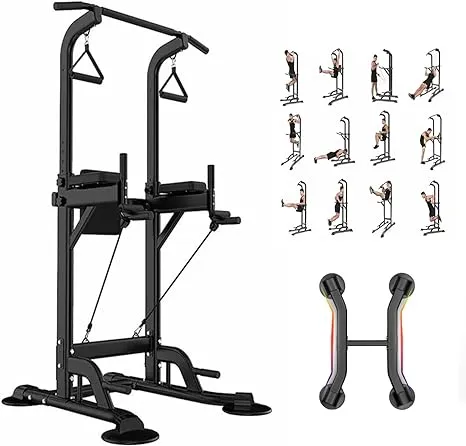 HOMEZILLIONS Power Tower Dip Station Pull Up Bar Exercise Tower Adjustable Pull Up Station for Home Gym Multi-Function Strength Training Fitness